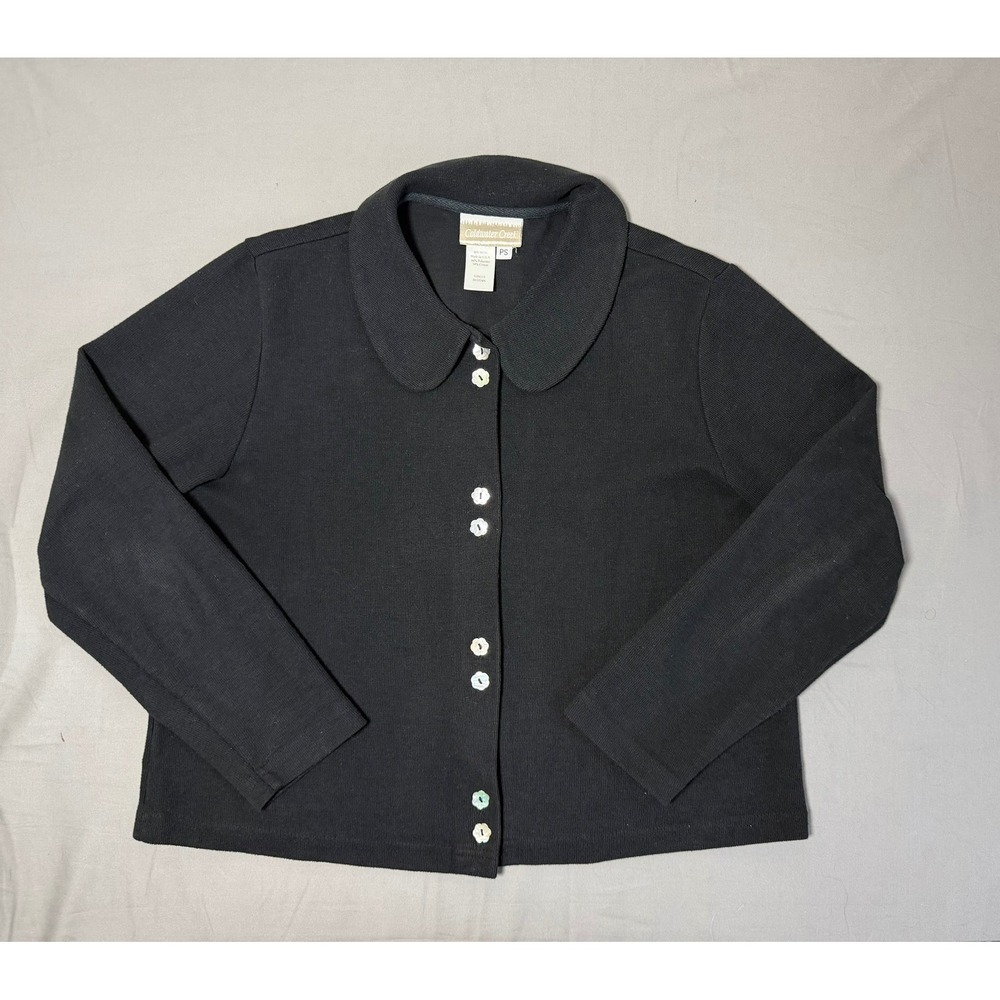 Coldwater Creek Black Ribbed Cardigan Peter Pan Collar Flower Buttons PS Grandma